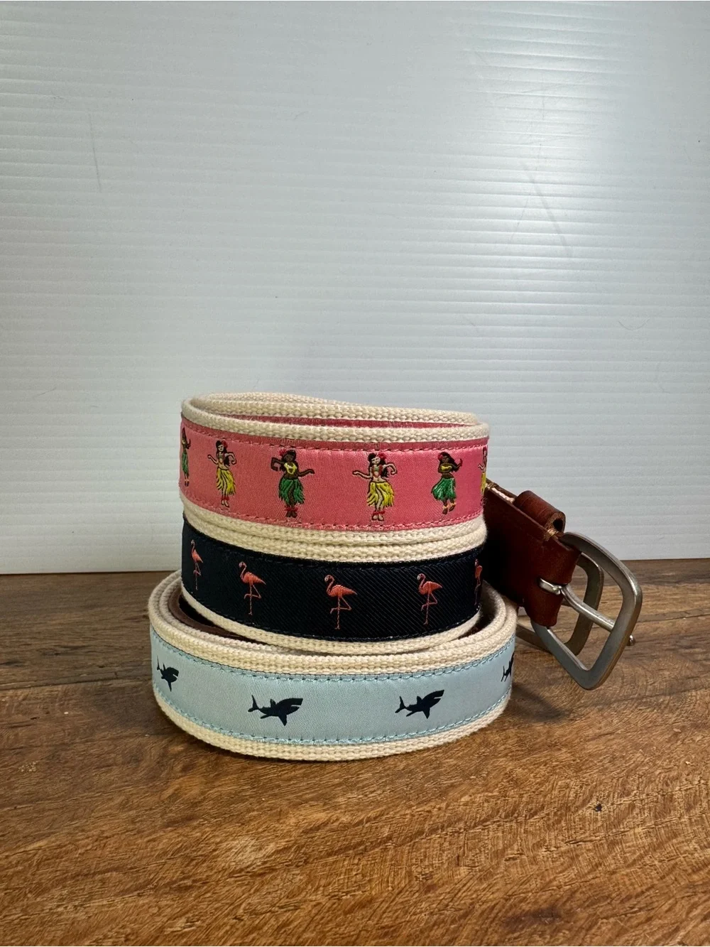 32” waist: 3 Embroidered J Crew Canvas Belts - Hula, Flamingo, Shark Motifs